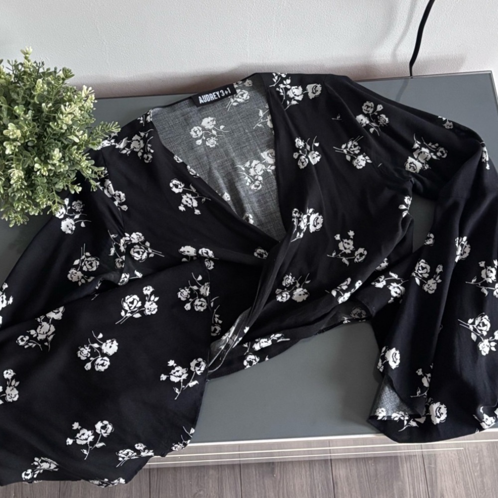 Audrey 3+1 Black Floral Wrap Top